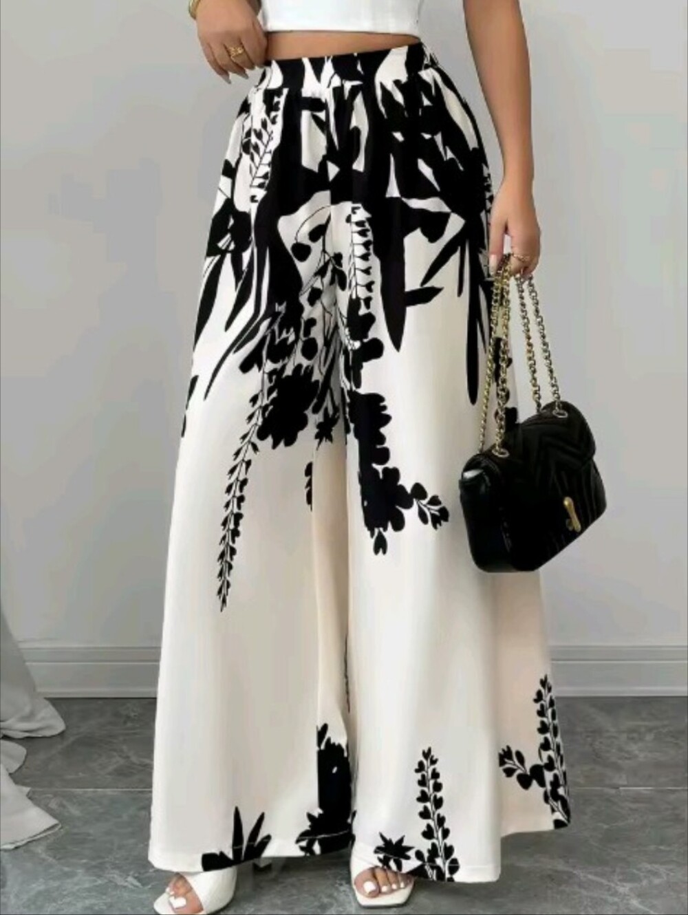 Women's Black Ink Floral Print Wide Leg Pants
